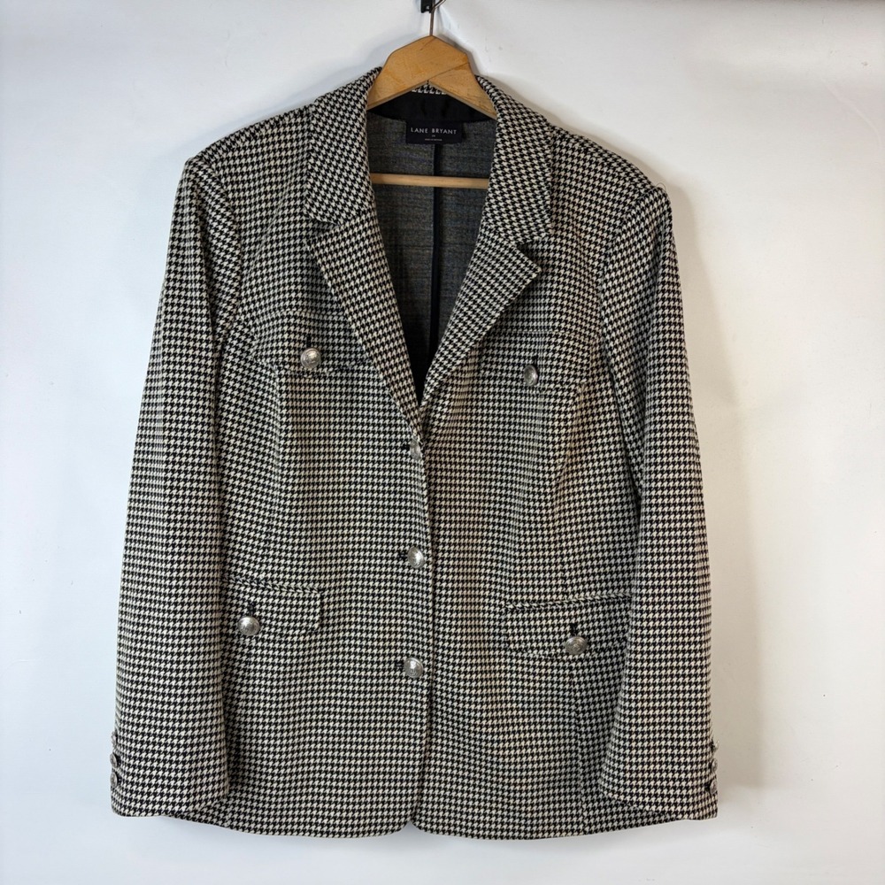Lane Bryant Blazer Women 20 Black White Houndstooth Silver Crest Button Stretch